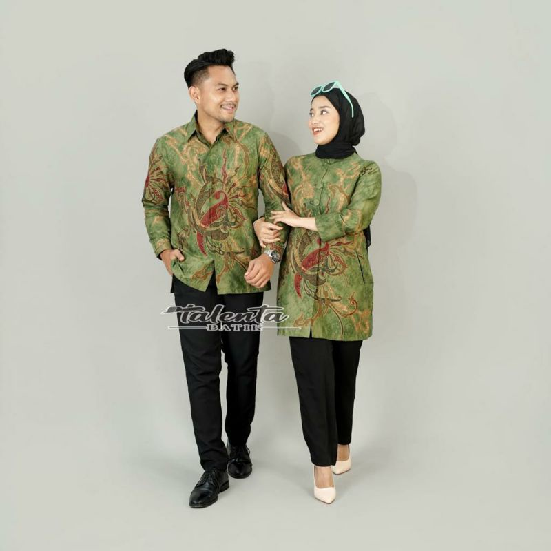 Batik couple sarimbit pria &amp; wanita batik bahan katun reguler abstrak hijau