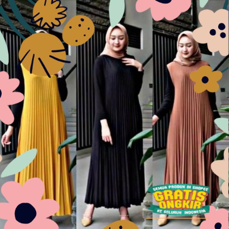 Long Dress Plisket/Plisket Alexa Slevelees Kutung Tanpa Lengan / polos garis kotak