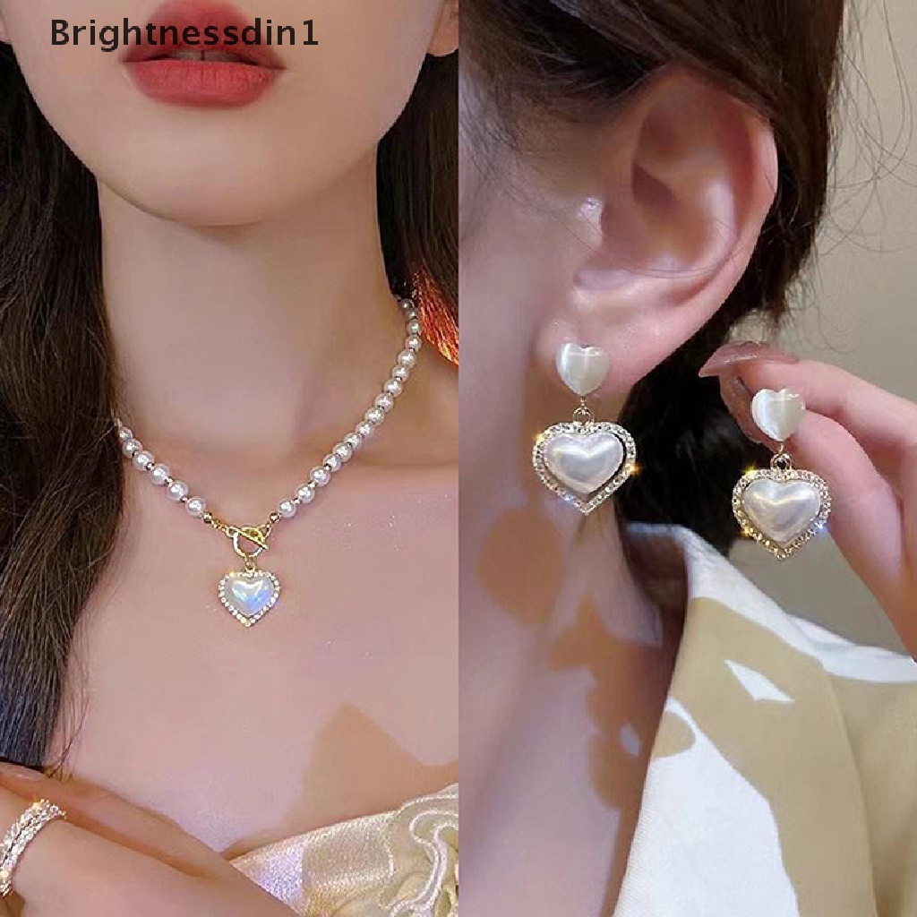 [Brightnessdin1] Liontin Bentuk Hati Vintage Kalung Mutiara Wanita Elegan Pesona Gaya Romantis Perancis Rantai Klavikula Hadiah Peringatan Butik