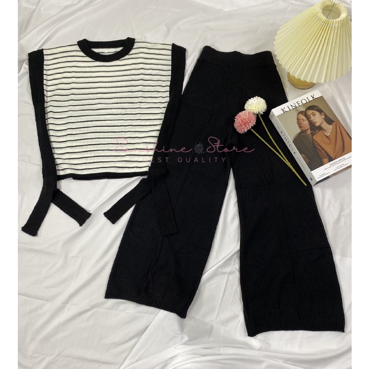 One Set Setelan Wanita Rok Dan Kulot Cardigan Sweater Rajut Warna Hitam