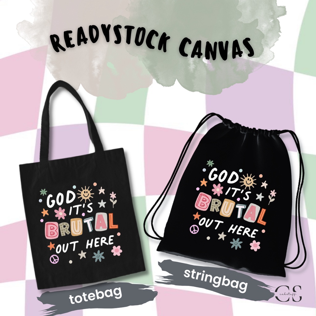 (30x40) TOTEBAG KANVAS HITAM &amp; STRINGBAG GOD IT'S BRUTAL / TAS SERUT SATUAN / TOTEBAG KANVAS AESTHETIC MURAH / TOTEBAG KULIAH MOTIF / TAS SEKOLAH / TAS RANSEL AESTHETIC / STRINGBAG AESTHETIC / STRINGBAG SEKOLAH / TAS GENDONG SERUT