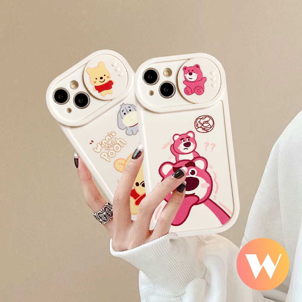 IPHONE Kartun Pasangan Case Kompatibel Untuk Iphone11 13 12 Pro Max 7Plus XR 6Plus X XS Max Cute Strawberry Bear Manyo Winnie the Pooh Pull Push Window Pelindung Kamera Soft Cover