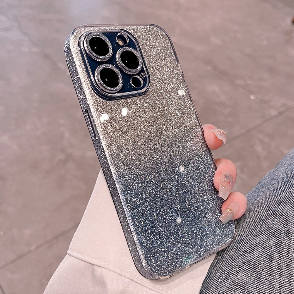 IPHONE Casing Gradasi Glitter Untuk Iphone14Plus14Pro MAX Bening Tempered Glass Case Untuk Iphone12 13 Pro MAX Casing Pelindung Kamera