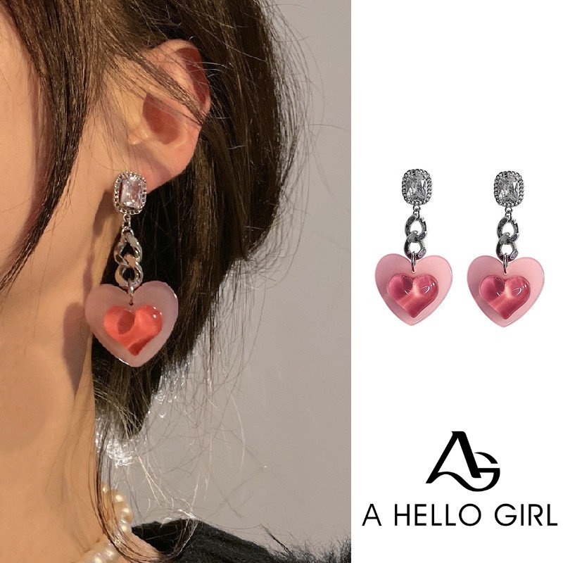 Anting Tusuk Gantung Bahan Sterling Silver 925 Desain Hati Hias Zircon Warna Pink Gradasi Untuk Wanita