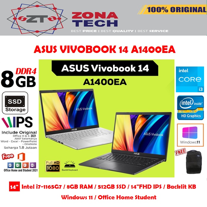 ASUS VIVOBOOK 14 A1400EA - i7-1165G7 - 8GB - 512GB SSD - BACKLIT KB - 14&quot;FHD IPS - WIN11 - OHS