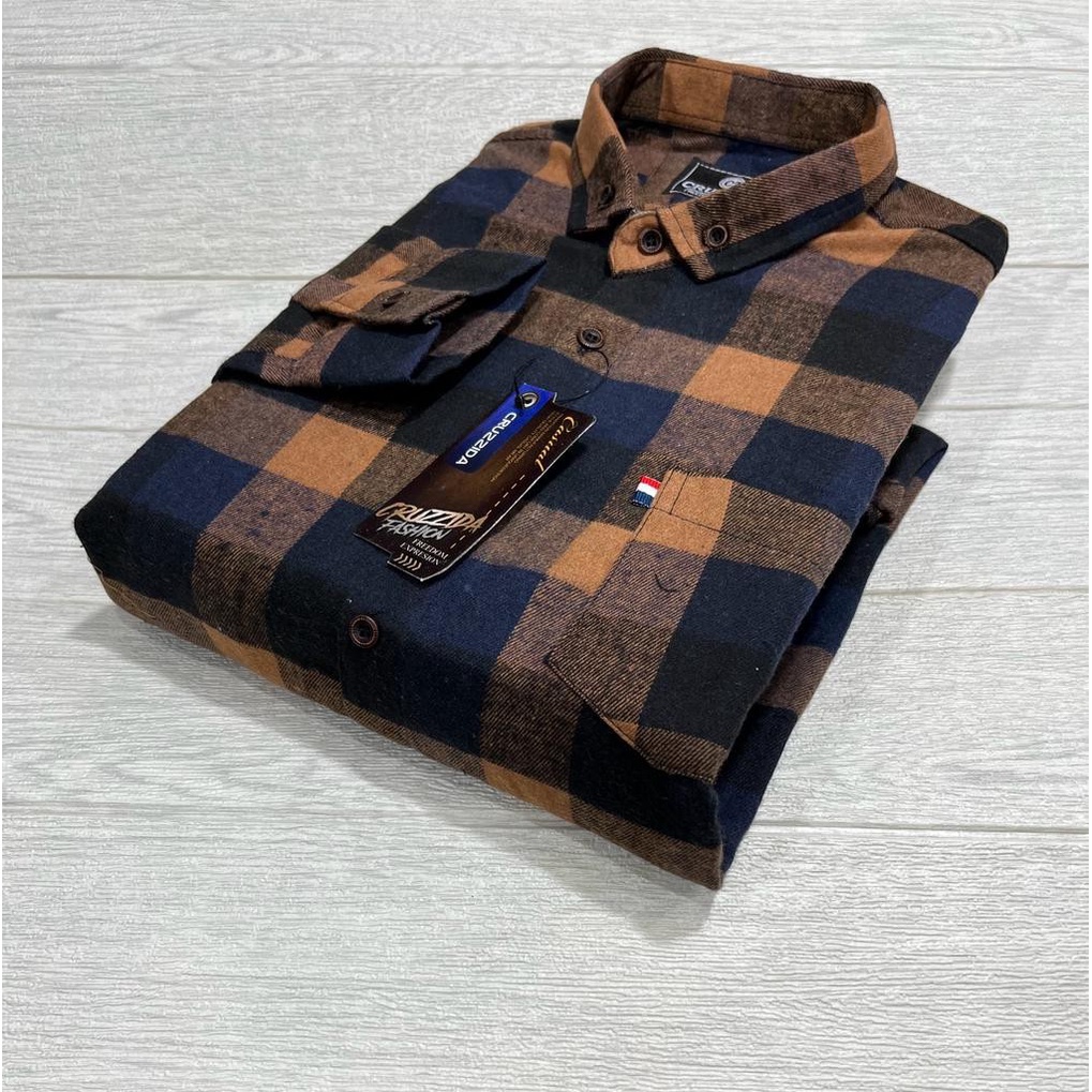 Kemeja Flanel motif kotak lengan panjang slim fit pria long sleeve kotak hitam garis merah putih