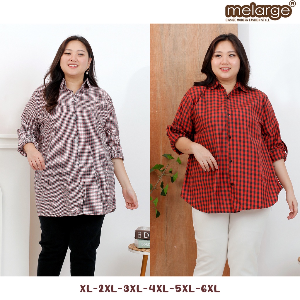 MELARGE - Kemeja Jumbo XXXXL 4XL 4L Motif Tartan Kotak-Kotak Square Big Size Kemeja Kerja Jumbo Wanita