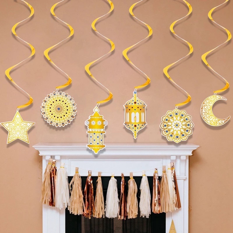 6 Pcs / Set Classic Ramadan Star Moon Shape Spiral Banner Pendant / Exquisite Eid Mubarak Series Pattern Cardboard Decor / Muslim Festive Hanging Ornament