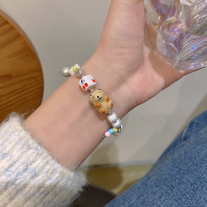 Gelang Perak Elegan Y2K Aksesoris Manik Mutiara Opal Lucu Butterfly Bear Peach Bangle Untuk Perhiasan Wanita