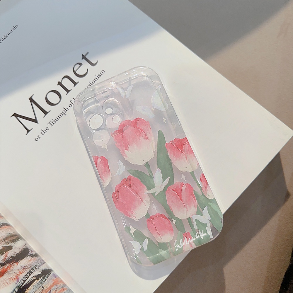 IPHONE Musim Semi Pink Tulip Lukisan Minyak Transparan Penuh Perlindungan Lembut TPU Ponsel Case Cover Shell Kulit Untuk Iphone11 12 13 14 PLUS PRO MAX