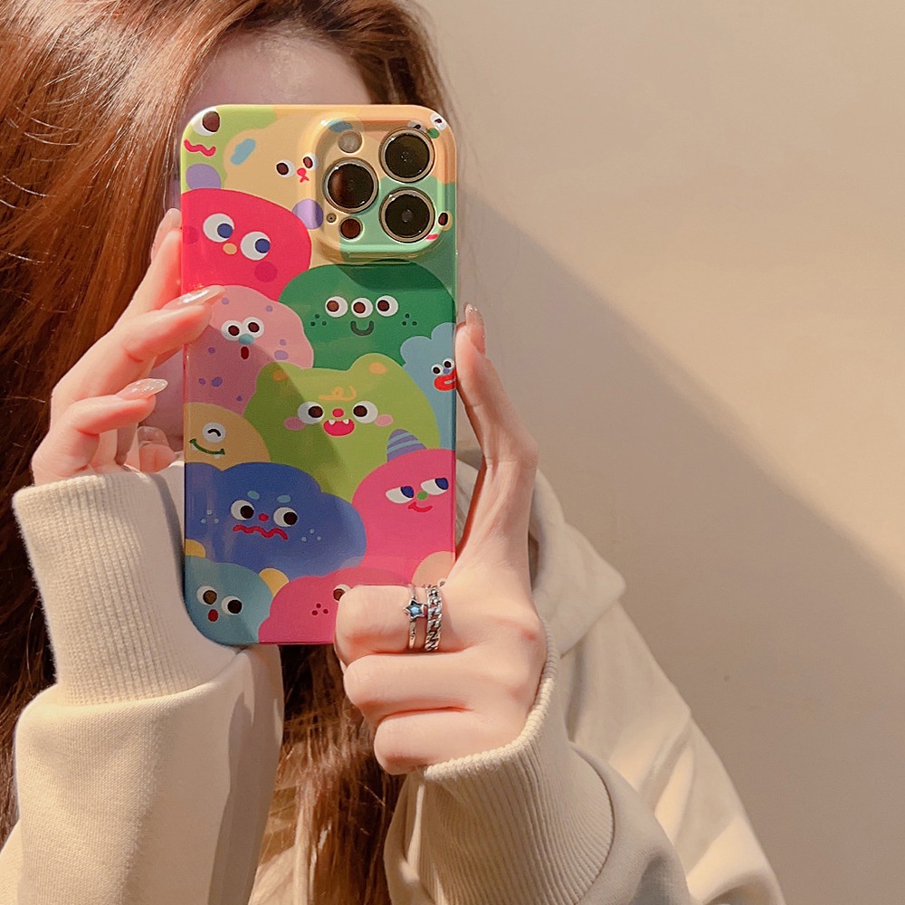 IPHONE Cute Colorful Little Monsters Full Protection Case Phone Hard Film Glossy Cover Untuk Iphone7 8 PLUS X XR XS 11 12 13 14 PRO MAX SE 2020