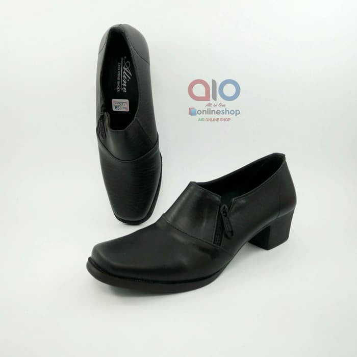 Aline Sepatu Pantofel Wanita Resleting Hak 5 Cm Formal Zipper Hitam Polwan Kowad Dishub AW14