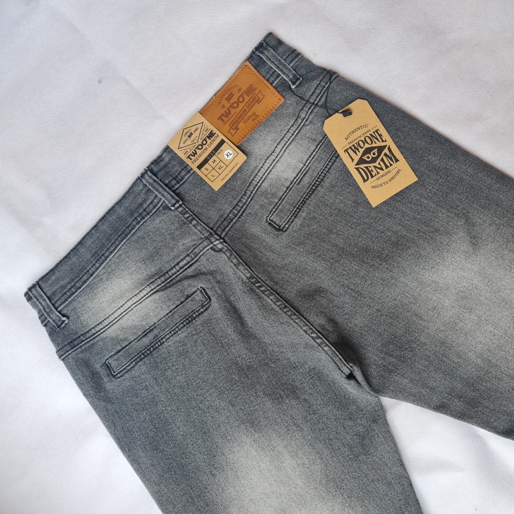 TWO ONE Celana Jeans Panjang Pria - Celana Jeans Pria Slim Fit Saku Bobok - Jeans Pria Denim Stretch Abu-abu