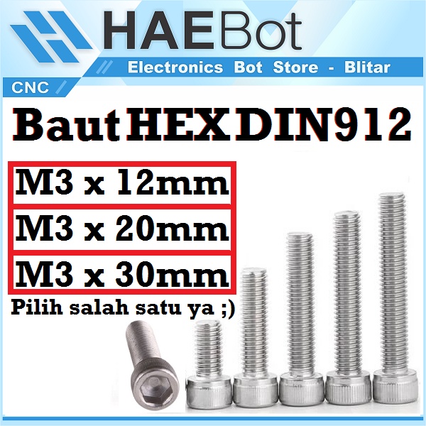 [HAEBOT] Baut L Hexagon DIN912 M3 3mm Hex 12mm 20mm 30mm Pengencang SS Stainless Steel
