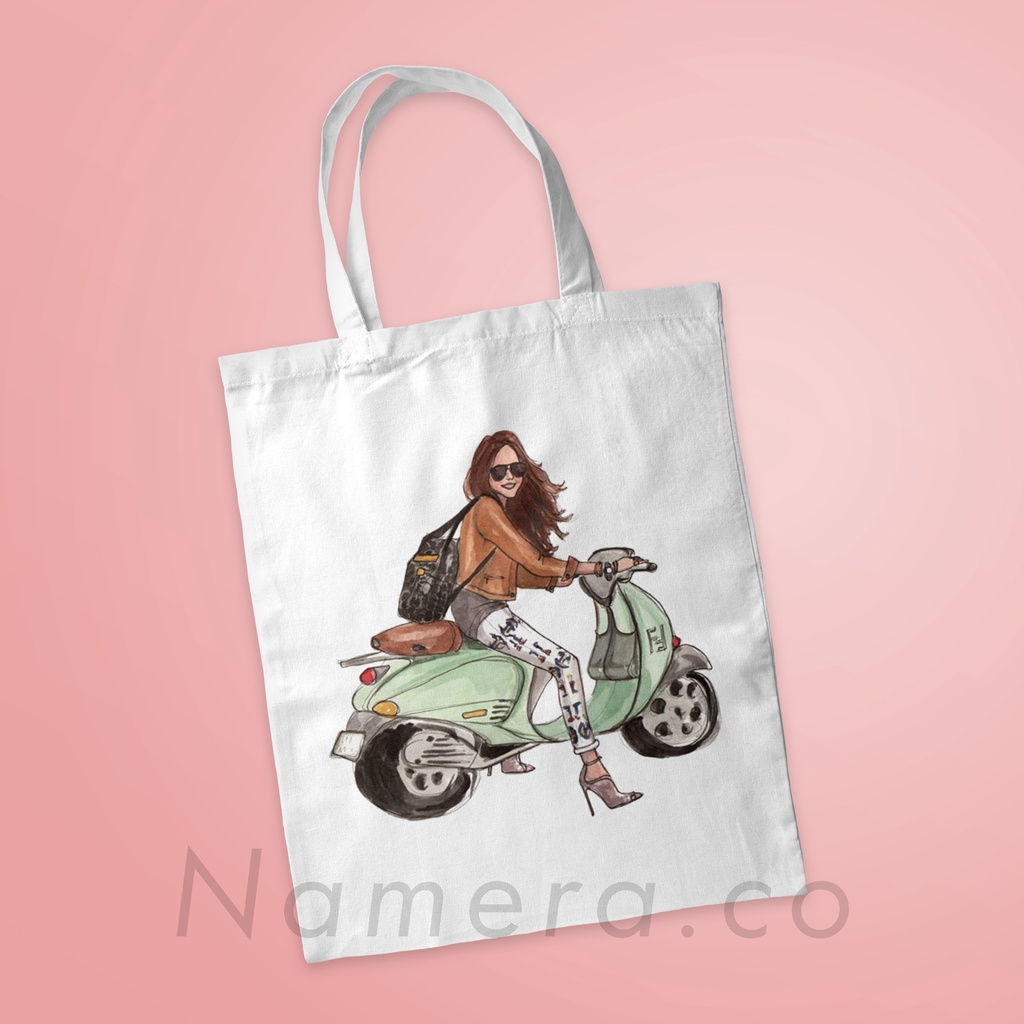 Tote Bag Resleting Kanvas Premium Fashion Tas Totebag Wanita Girl Vespa Pop Art