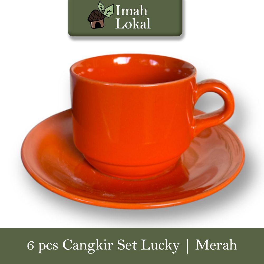 Cangkir Set 6pcs Keramik Lucky Gelas Minum Kopi Teh Warna + Pisin / Tatakan - Merah