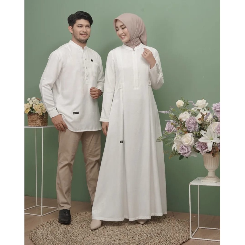 Couple Damoza 2023 Terbaru/Gamis Zefanya Dan Koko Byan White/Bahan Jaquard/By Damoza 100% Original