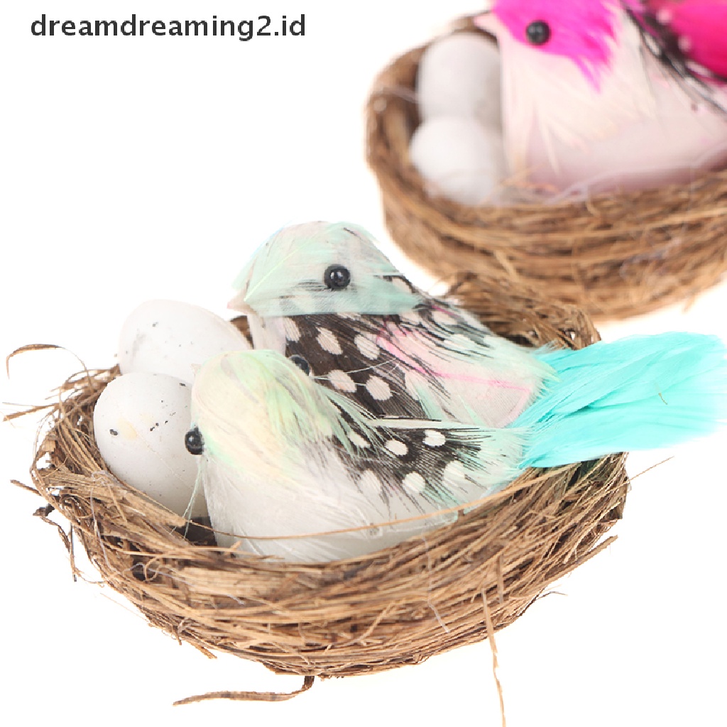 (dream) 1set Patung Burung Berbulu &amp; Sarang &amp; Telur Artificial Craft Kreatif.