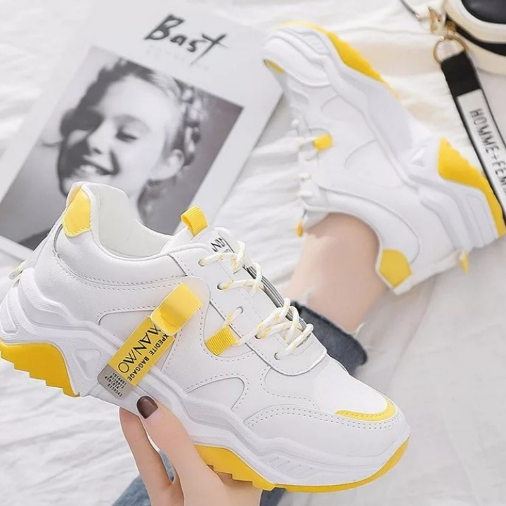 Sepatu Sneakers Wanita Putih Kuning Tali Casul Style Import Korea Wanwoo Sol Tinggi FSH151