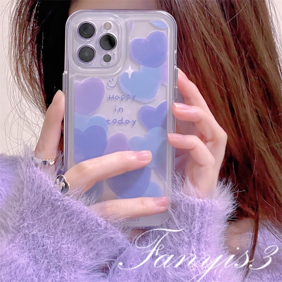 Compatible For iPhone 14 13 12 11 Pro Max X XR Xs Max 8 7 6 6s Plus SE 2020 Kompatibel Untuk Happy Purple Heart Phone Case Clear TPU Soft Cover Pelindung