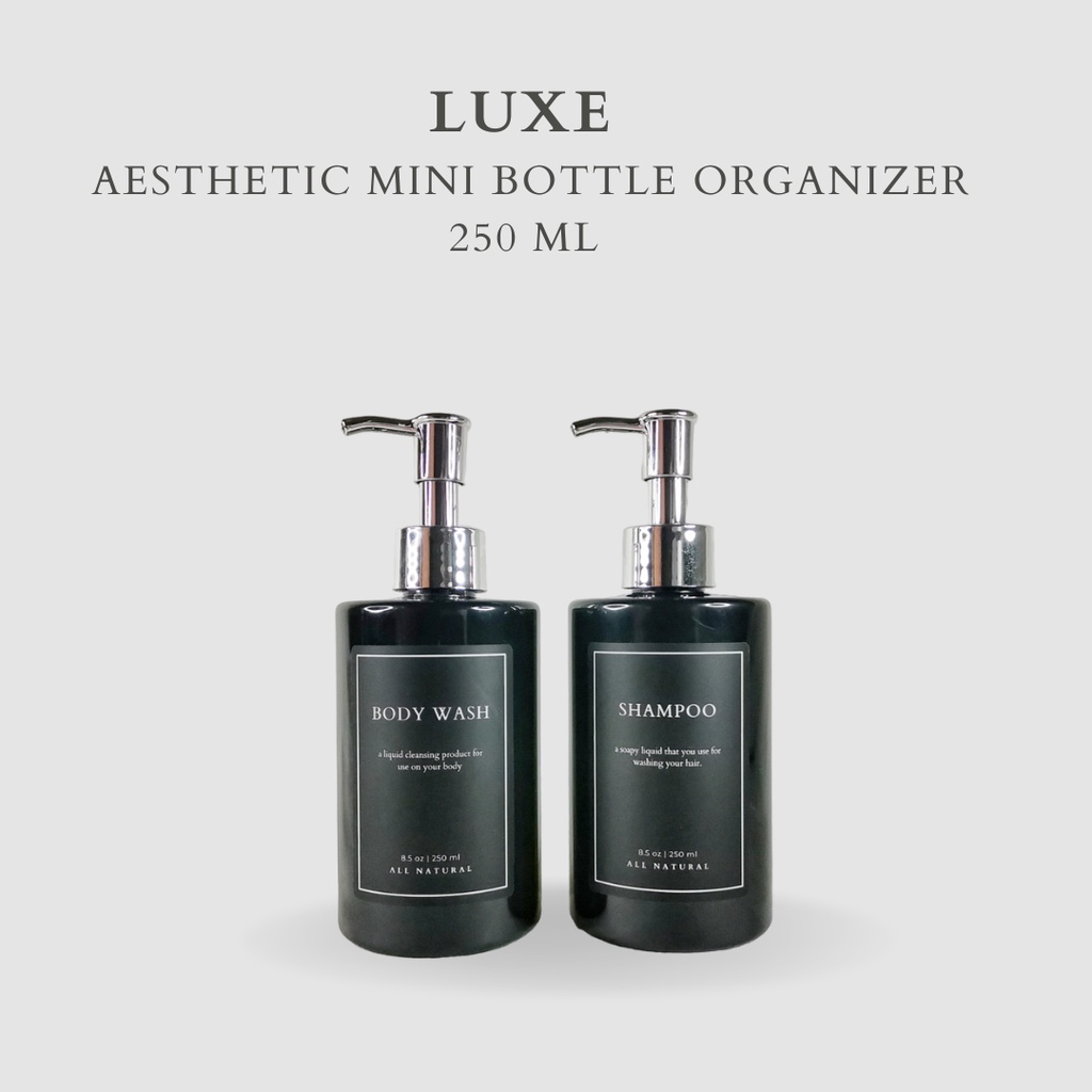 LUXE Botol MINI HITAM Label KOTAK HITAM 250 ml Aesthetic Bottle Refill | Botol refill sabun /botol refill sabun/ botol isi ulang/botol sabun refill/botol sabun/botol pump/botol anak/bathroom organizer/bathroom amenities