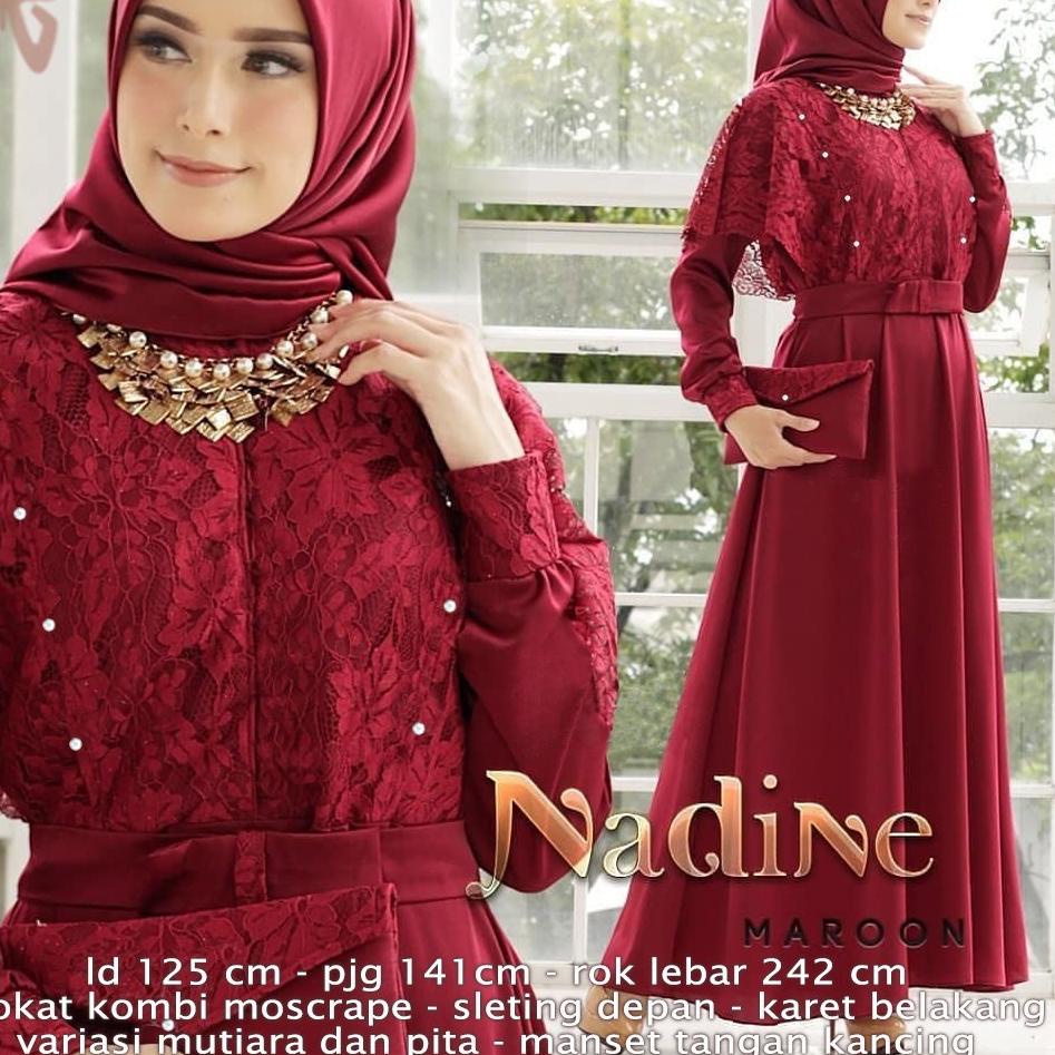 ✦ Maxi Gamis Pesta NADINE 3XL JUMBO Brukat kombi Moscrepe BUSUI Sreting Variasi Mutiara dan Pita ➸