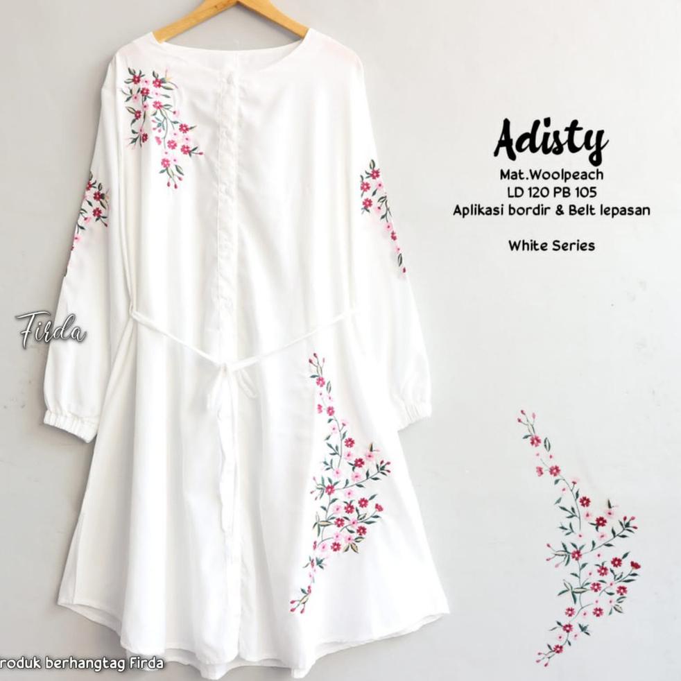 Sale Terbatas Atasan Long Tunik Putih Bordir Jumbo Wanita Bahan Wolpeach XXL Ld 120 Lengan Panjang A