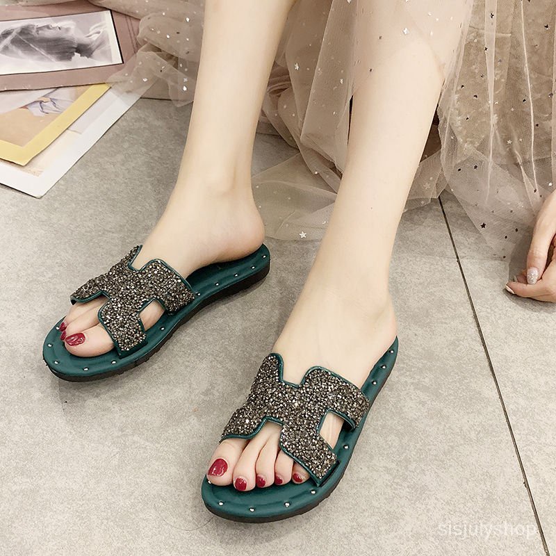 #Sisjuly# Sandal mode baru wanita berlian imitasi pakaian luar pantai sepatu wanita sepatu wanita mu