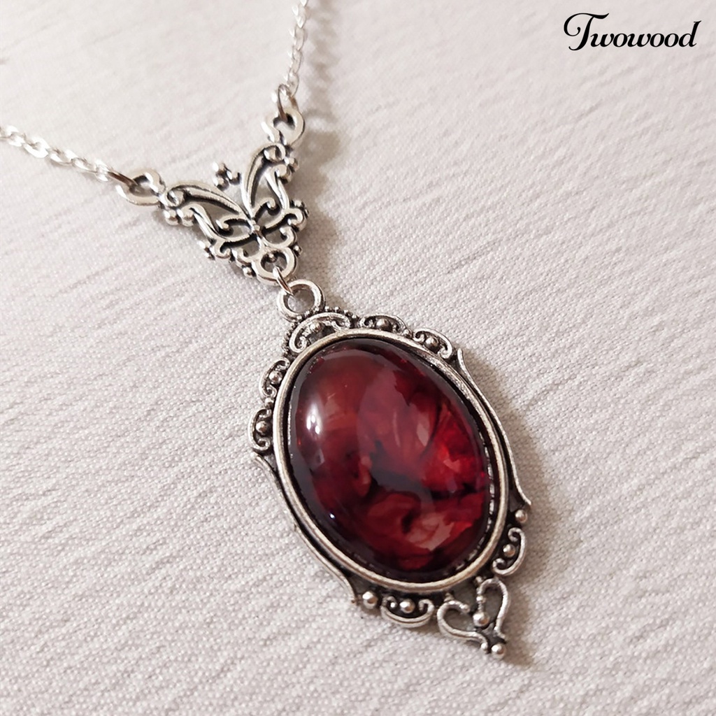 Twowood Liontin Kalung Elegan Oval Desain Vintage Indah Merah Kuarsa Pesona Kalung Kupu-Kupu Kalung Pakaian Sehari-Hari