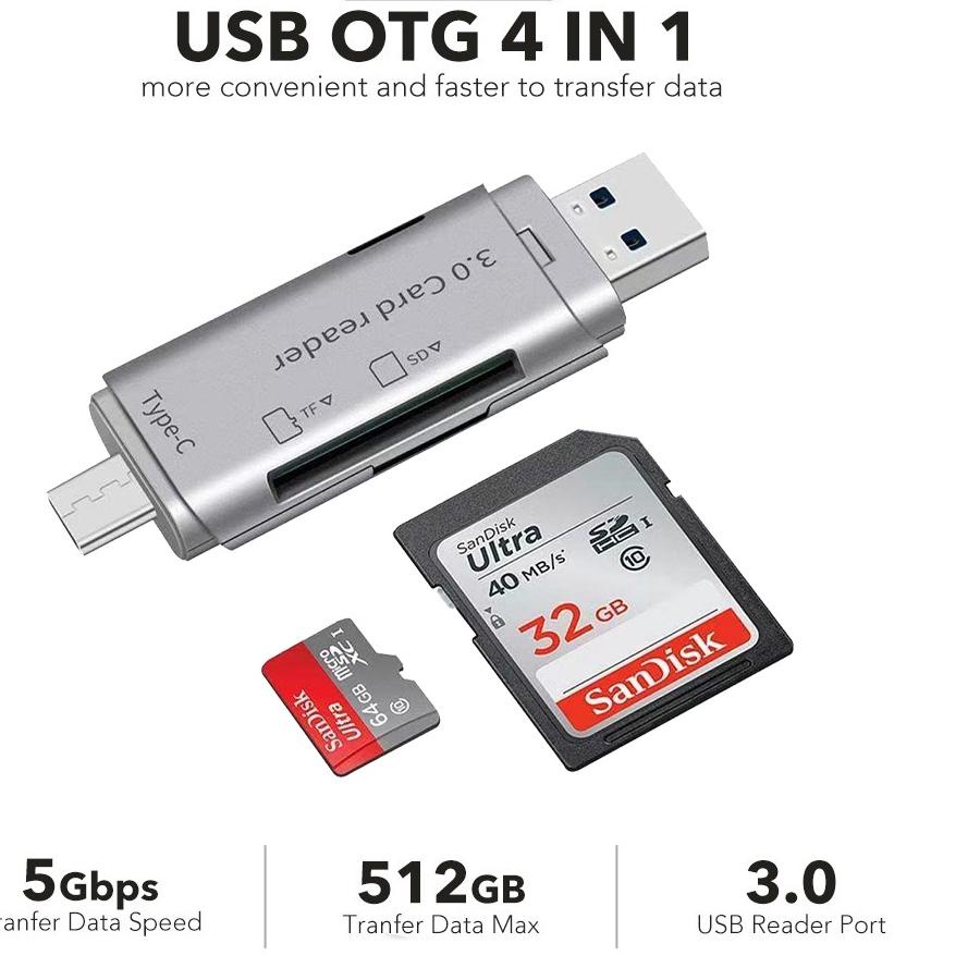 ☞ 4 in 1 Card Reader USB 3.0 Type C / SD Kartu / TF Memory Card Read OTG Adapter ➷