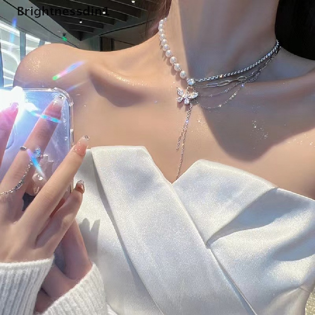 [Brightnessdin1] Kalung Kupu-Kupu Kristal Mengkilap Kalung Rantai Klavikula Mutiara Multi-layer Yang Indah Untuk Wanita2022 Tren Butik Perhiasan Aesthetic