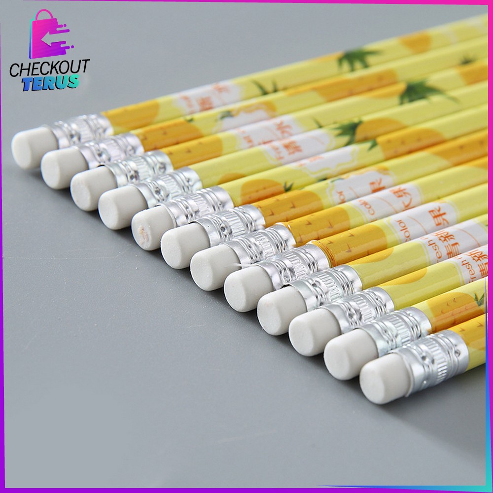 CT A49 Pensil Kayu Set 12IN1 Motif Buah With Eraser Alat Tulis Dengan Penghapus Sekolah 12pcs Pencil Fruits Praktis Import