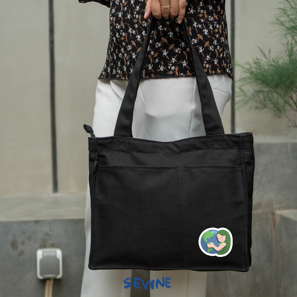 Sevine Totebag Kanvas Rebecca Tas Wanita Tote Bag Kuliah Sekolah Sekat Laptop Hitam Elegan Aesthetic - WD