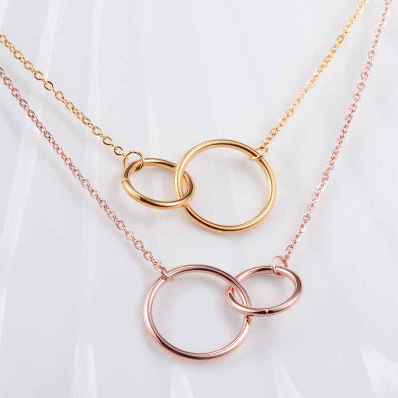 Kalung Double Ring Interlocking | Kalung Rantai Dengan Liontin Bulat Besar Untuk Wanita | Kalung Rose Gold 18k | Kalung Bahan Stainless Steel | Kalung Bahan Titanium Steel | Anting Hypoallergenic Untuk Hadiah Ulang Tahun