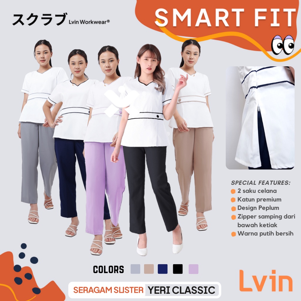 Baju Seragam suster Lvin Peplum / Yeri Classic Series (Kombinasi Putih) / baju babysitter / nanny uniform/seragam klinik/ baju jaga oka