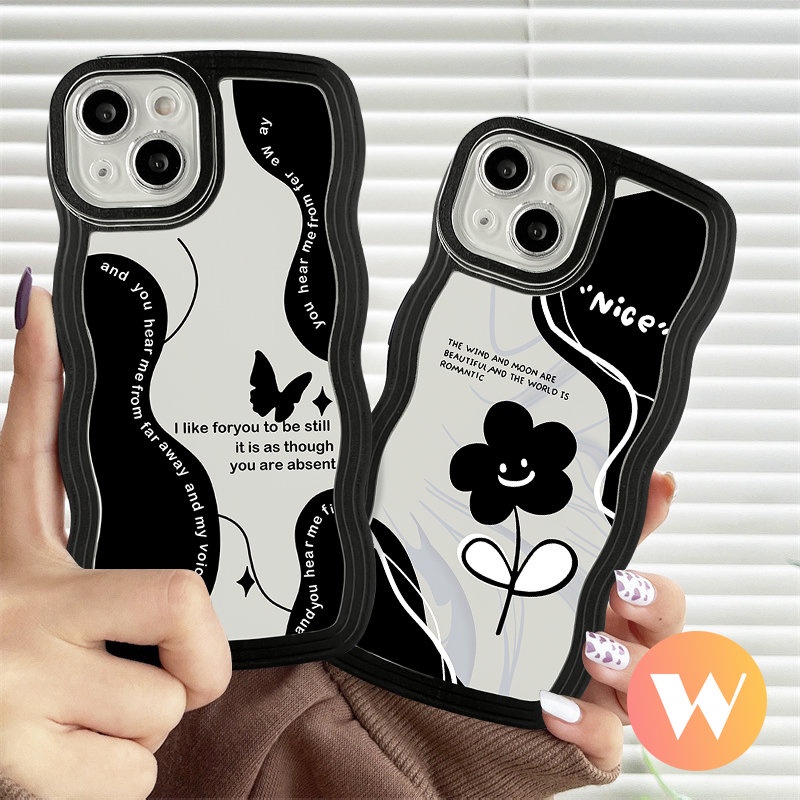 IPHONE Retro Butterfly Soft Tpu Wavy Edge Case Kompatibel Untuk Iphone11 13 12 14 Pro Max XR X7 14 6s 8 6 Plus XS Max SE 2020 Shockproof Vintage Black Flower Back Cover