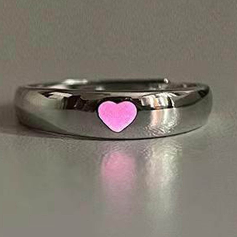 1pc Couple Cincin Bercahaya Hati Cinta Terbuka Cincin Untuk Wanita Pria Luminous Heart Rings Biru Pink Luminous Ring