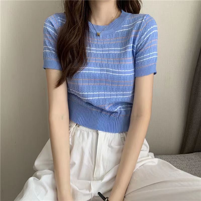 Knit Crop Top Lengan Pendek Wanita Baju Salur Outfit Korea