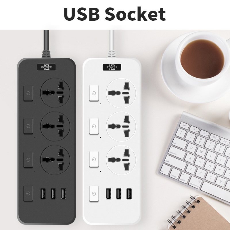 Soket Stop Kontak USB dengan Sakelar Independen dengan 3 Port USB Bercahaya dengan Kabel 1.8M