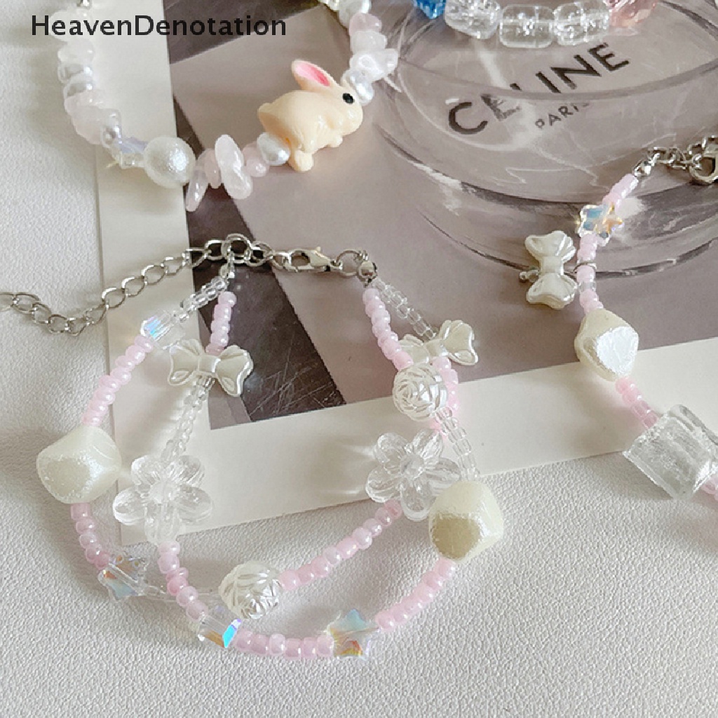 [HeavenDenotation] Baru Handmade DIY Goth Lucu Permen Warna Pink Kartun Bunga Manik-Manik Gelang Untuk Perempuan Kelinci Elastis Gelang Perhiasan Aksesori HDV