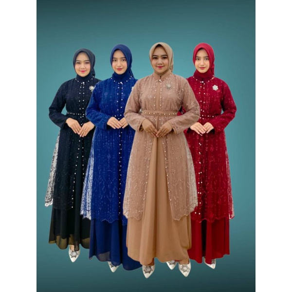 PB Prilly Busana - SARTIKA ETNIK SET 3IN1 GAMIS CERUTY + OUTER TILE BORDIR + BELT MUTIARA - GAMIS PESTA