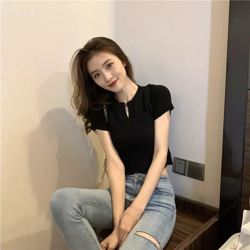 Atasan wanita Atasan Kerah V-neck  Rajut  Korean Vneck Crop Top Blouse wanita