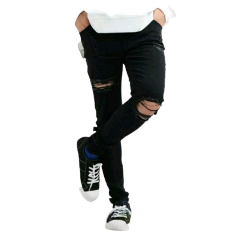 CELANA SOBEK PRIA RIPPED JEANS ROBEK HITAM SLIM FIT PREMIUM SKINNY STRETCH DENIM 27-38