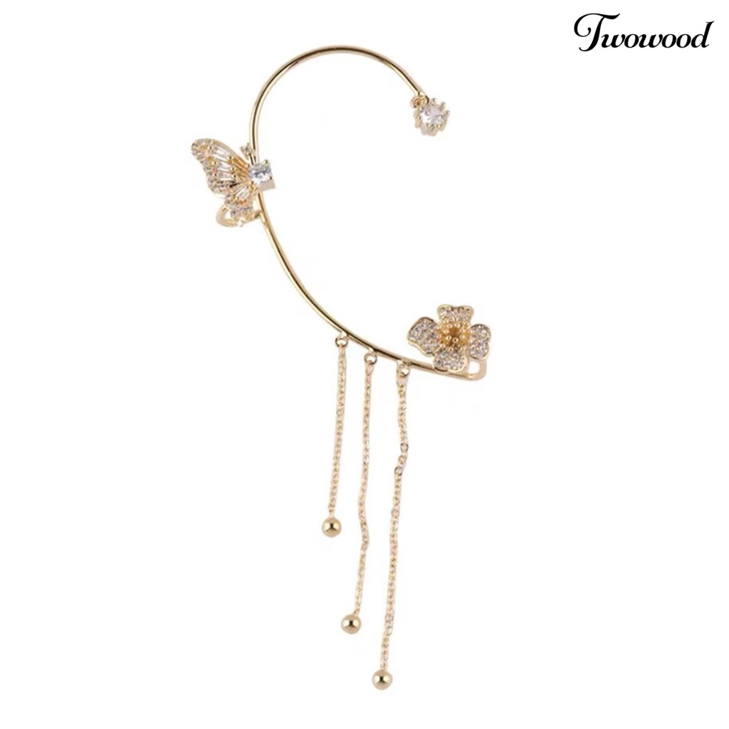 Twowood 1Pc Manset Telinga Mewah Temperamen Dekorasi Geometris Tinggi Gloss Berdandan Tanpa Tindik Shiny Cubic Zirconia Butterfly Ear Cuff Perhiasan Aksesoris