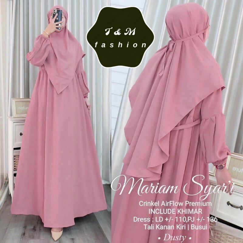 T &amp; M Fashion~Maryam Gamis Set Hijab Instant Premium Matt Crinkle Air Flow Gamis Busui Fashion Muslim Terbaru 2023 Baju Wanita Harian Rumahan Santai Warna Sage Navy Dusty Mocca Birel