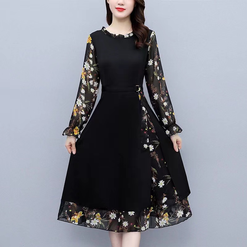 Black Dress Chiffon Wanita Premium / Gaun Temperamen Jumbo Big Size Wanita Kekinian
