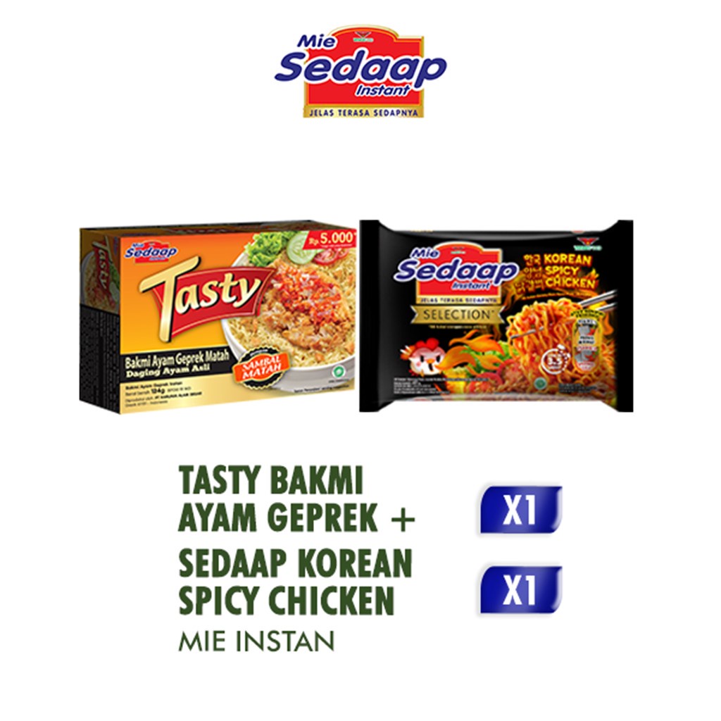 

Sedaap Tasty Ayam Geprek 124 gr + Mie Sedaap Cup Korean Spicy Chicken