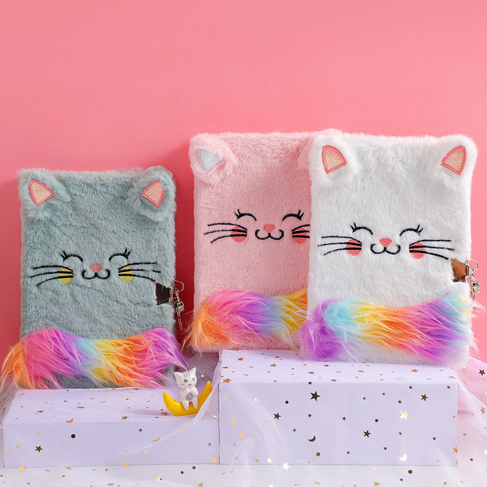 Buku Gembok Motif Rainbow Cat Buku Diary Gembok Cat Notebook Buku Diary anak Unicorn bulu Kado Ultah anak Perempuan import berkualitas