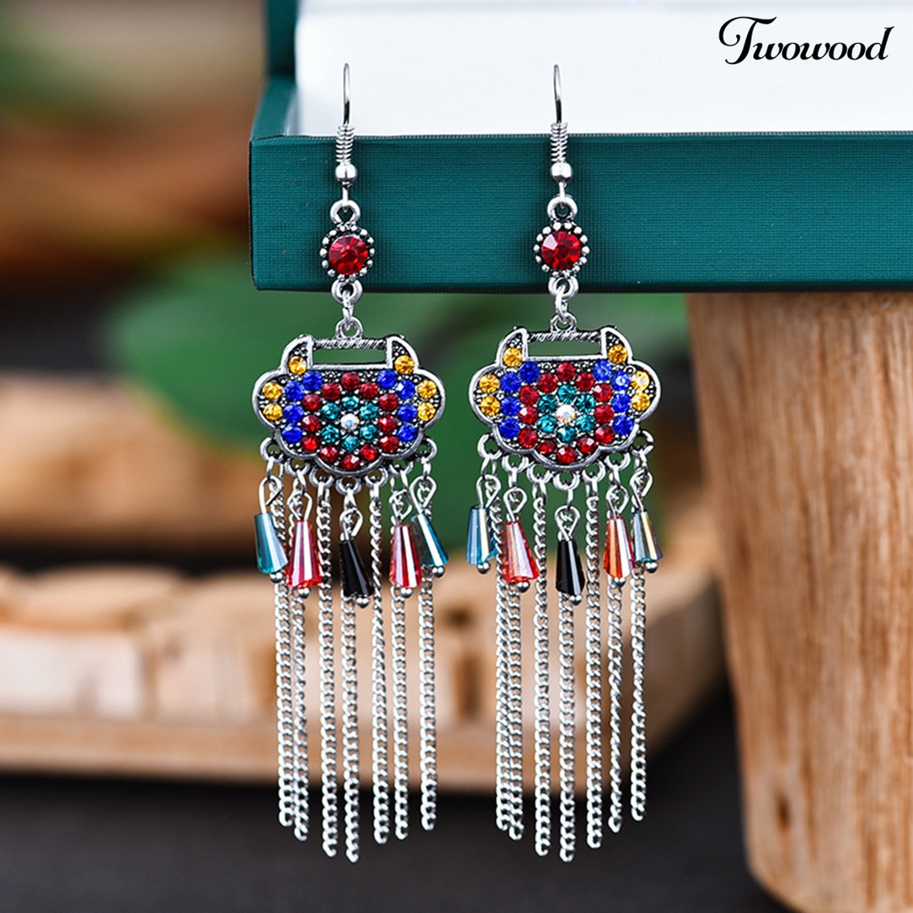 Twowood 2Pcs Menjuntai Anting-Anting Semua Pertandingan Klasik Vintage Retro Gaun Panjang Paduan Panjang Umur Kunci Berlian Imitasi Bertatahkan Lady Earrings Hadiah