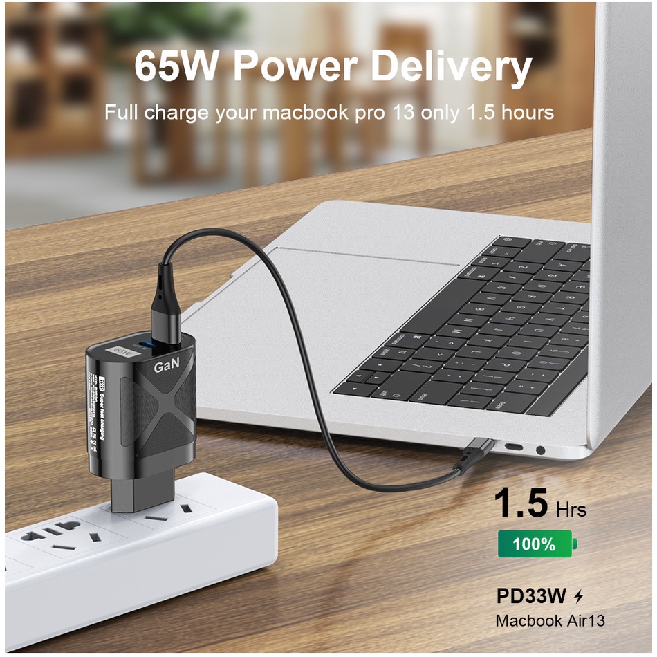 Charger GaN 65W PD Fast Charging Charger Handphone QC3.0 Sumber Cas Umum Laptop